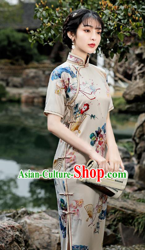 Republic of China Traditional Stand Collar Qipao Dress National Young Lady Printing Fan Cheongsam Republic of China Traditional Stand Collar Qipao Dress National Young Lady Printing Fan Cheongsam