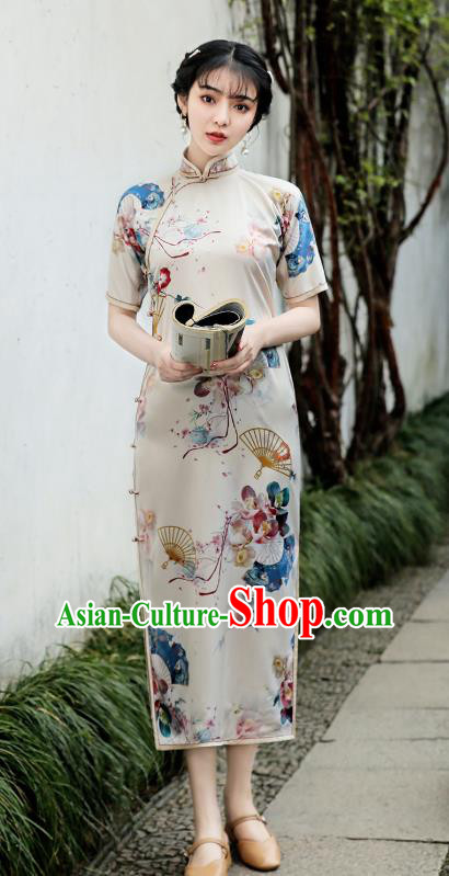 Republic of China Traditional Stand Collar Qipao Dress National Young Lady Printing Fan Cheongsam Republic of China Traditional Stand Collar Qipao Dress National Young Lady Printing Fan Cheongsam