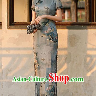 Republic of China Shanghai National Printing Lotus Grey Cheongsam Traditional Young Lady Qipao Dress