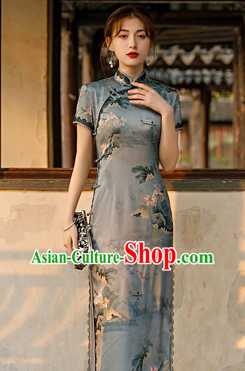 Republic of China Shanghai National Printing Lotus Grey Cheongsam Traditional Young Lady Qipao Dress Republic of China Shanghai National Printing Lotus Grey Cheongsam Traditional Young Lady Qipao Dress