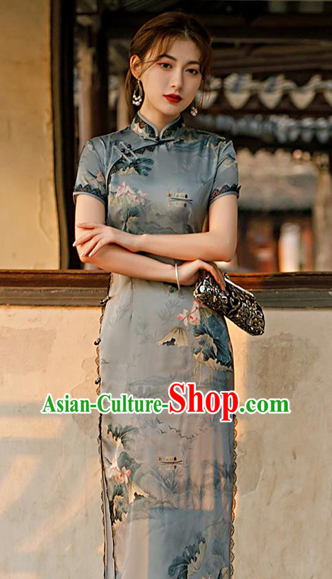 Republic of China Shanghai National Printing Lotus Grey Cheongsam Traditional Young Lady Qipao Dress Republic of China Shanghai National Printing Lotus Grey Cheongsam Traditional Young Lady Qipao Dress
