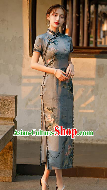 Republic of China Shanghai National Printing Lotus Grey Cheongsam Traditional Young Lady Qipao Dress Republic of China Shanghai National Printing Lotus Grey Cheongsam Traditional Young Lady Qipao Dress