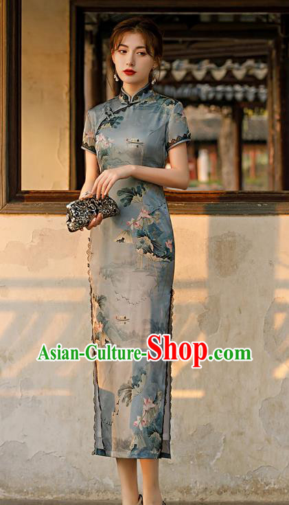 Republic of China Shanghai National Printing Lotus Grey Cheongsam Traditional Young Lady Qipao Dress Republic of China Shanghai National Printing Lotus Grey Cheongsam Traditional Young Lady Qipao Dress