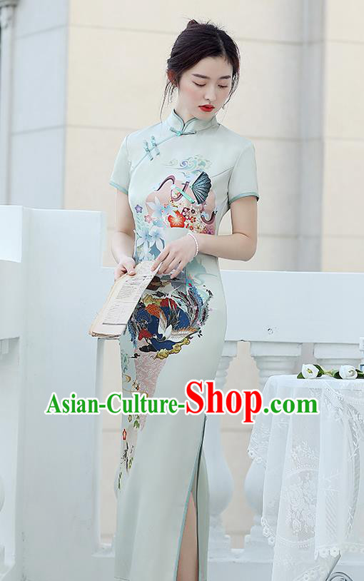Republic of China National Printing Cheongsam Traditional Shanghai Young Lady Light Green Qipao Dress Republic of China National Printing Cheongsam Traditional Shanghai Young Lady Light Green Qipao Dress