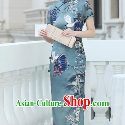 Republic of China National Printing Crane Blue Cheongsam Traditional Shanghai Young Lady Qipao Dress