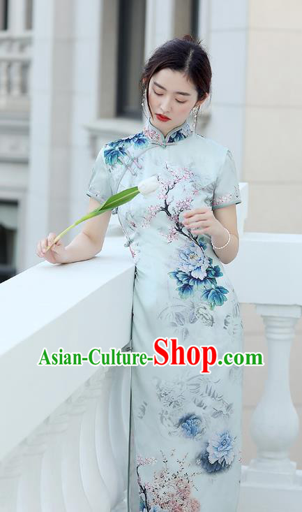 Republic of China National Light Blue Cheongsam Traditional Shanghai Young Lady Printing Peony Qipao Dress