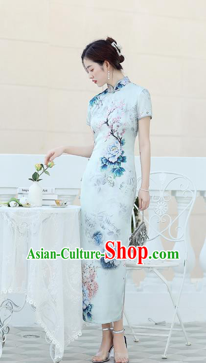 Republic of China National Light Blue Cheongsam Traditional Shanghai Young Lady Printing Peony Qipao Dress