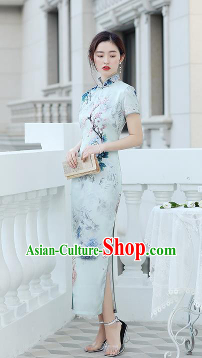 Republic of China National Light Blue Cheongsam Traditional Shanghai Young Lady Printing Peony Qipao Dress