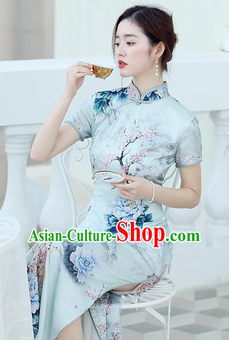 Republic of China National Light Blue Cheongsam Traditional Shanghai Young Lady Printing Peony Qipao Dress