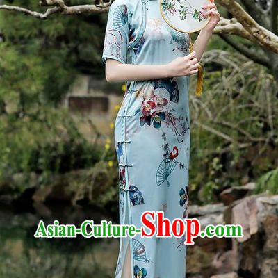 Republic of China Traditional Printing Blue Qipao Dress National Young Lady Stand Collar Cheongsam