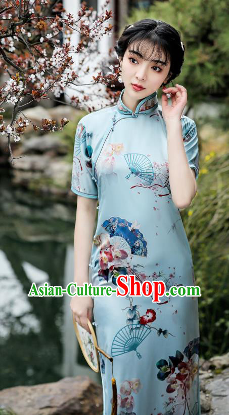 Republic of China Traditional Printing Blue Qipao Dress National Young Lady Stand Collar Cheongsam Republic of China Traditional Printing Blue Qipao Dress National Young Lady Stand Collar Cheongsam