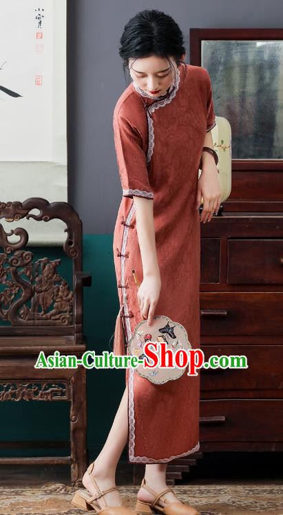 Republic of China National Orange Cheongsam Traditional Shanghai Young Lady Lace Collar Qipao Dress Republic of China National Orange Cheongsam Traditional Shanghai Young Lady Lace Collar Qipao Dress