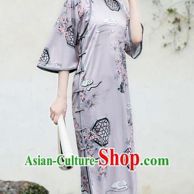 Republic of China Traditional Wide Sleeve Qipao Dress National Young Lady Printing Lilac Cheongsam