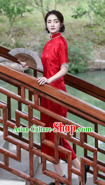 Republic of China National Young Woman Cheongsam Traditional Beads Tassel Red Silk Qipao Dress Republic of China National Young Woman Cheongsam Traditional Beads Tassel Red Silk Qipao Dress