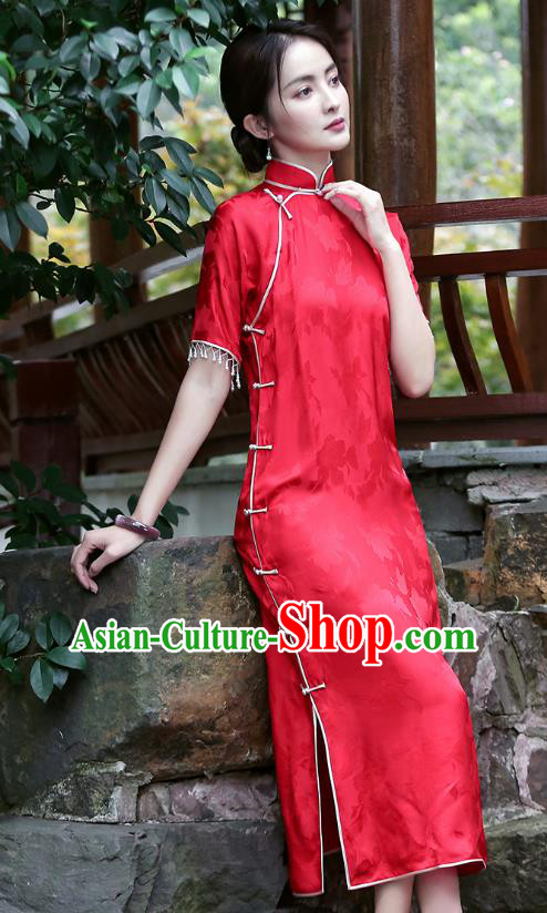 Republic of China National Young Woman Cheongsam Traditional Beads Tassel Red Silk Qipao Dress Republic of China National Young Woman Cheongsam Traditional Beads Tassel Red Silk Qipao Dress