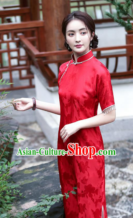 Republic of China National Young Woman Cheongsam Traditional Beads Tassel Red Silk Qipao Dress Republic of China National Young Woman Cheongsam Traditional Beads Tassel Red Silk Qipao Dress