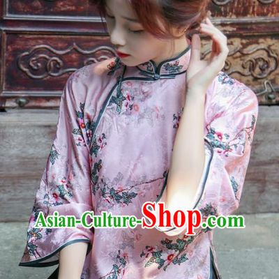 Chinese Tang Suit Upper Outer Garment Clothing National Printing Flowers Pink Silk Qipao Shirt