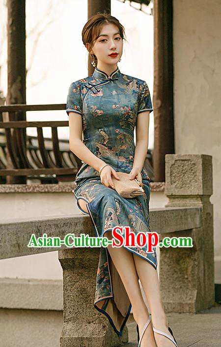 Republic of China Traditional Printing Deep Green Qipao Dress National Woman Mother Cheongsam Republic of China Traditional Printing Deep Green Qipao Dress National Woman Mother Cheongsam