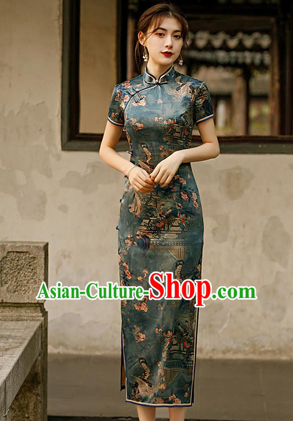 Republic of China Traditional Printing Deep Green Qipao Dress National Woman Mother Cheongsam Republic of China Traditional Printing Deep Green Qipao Dress National Woman Mother Cheongsam