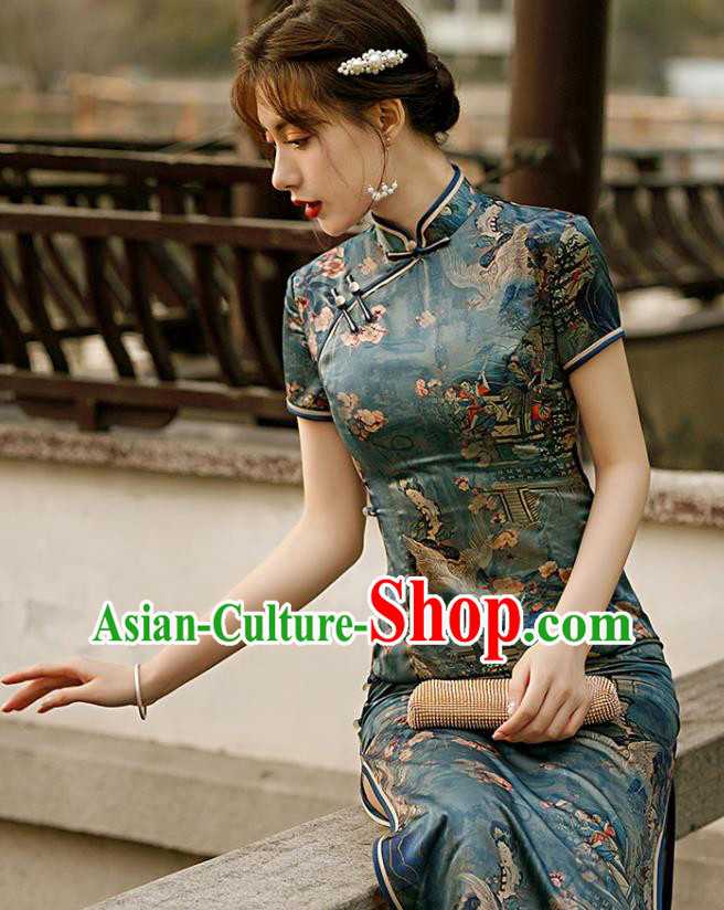 Republic of China Traditional Printing Deep Green Qipao Dress National Woman Mother Cheongsam Republic of China Traditional Printing Deep Green Qipao Dress National Woman Mother Cheongsam