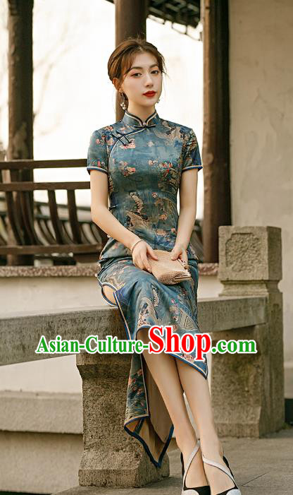 Republic of China Traditional Printing Deep Green Qipao Dress National Woman Mother Cheongsam Republic of China Traditional Printing Deep Green Qipao Dress National Woman Mother Cheongsam