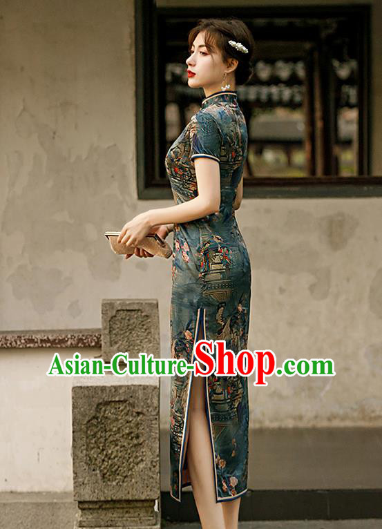 Republic of China Traditional Printing Deep Green Qipao Dress National Woman Mother Cheongsam Republic of China Traditional Printing Deep Green Qipao Dress National Woman Mother Cheongsam