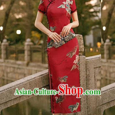 Republic of China National Short Sleeve Cheongsam Traditional Young Lady Printing Lotus Red Qipao Dress