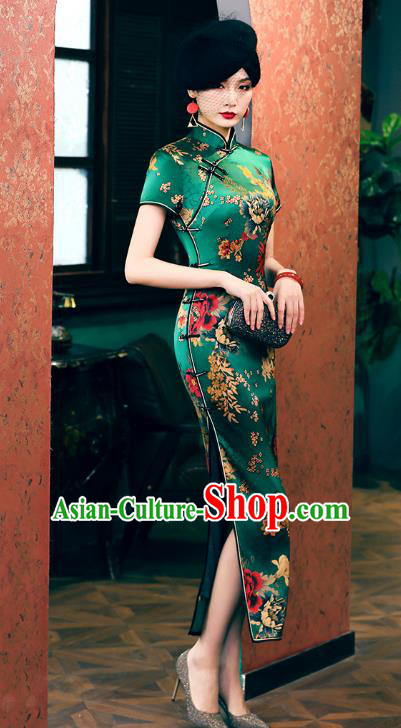 China Classical Dance Performance Cheongsam Traditional Shanghai Young Lady Green Silk Qipao Dress China Classical Dance Performance Cheongsam Traditional Shanghai Young Lady Green Silk Qipao Dress