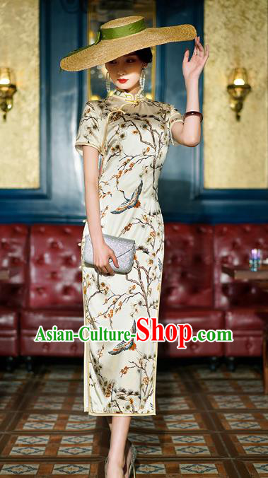 China Classical Crane Pattern Cheongsam Traditional Shanghai Young Concubine Beige Silk Qipao Dress China Classical Crane Pattern Cheongsam Traditional Shanghai Young Concubine Beige Silk Qipao Dress