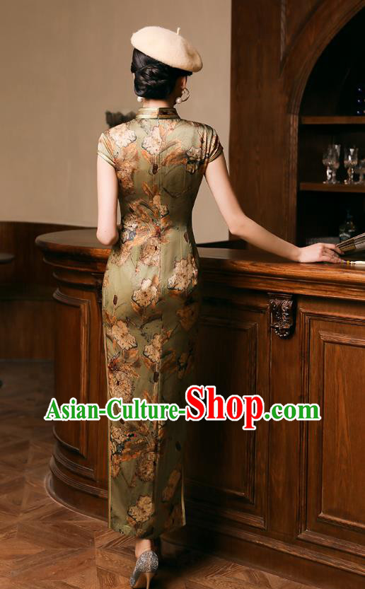 China Classical Shanghai Young Lady Cheongsam Traditional Minguo Printing Olive Green Silk Qipao Dress China Classical Shanghai Young Lady Cheongsam Traditional Minguo Printing Olive Green Silk Qipao Dress
