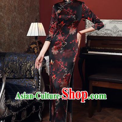 China Traditional Minguo Young Woman Black Silk Qipao Dress Classical Shanghai Cheongsam