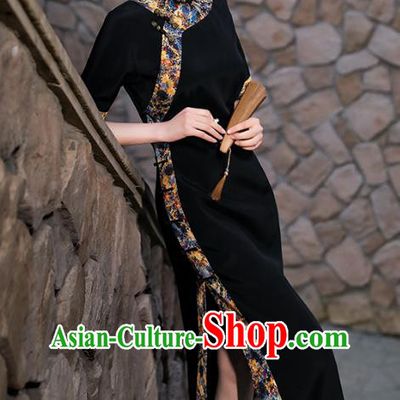 China Classical Shanghai Beauty Cheongsam Traditional Minguo Black Silk Slant Opening Qipao Dress