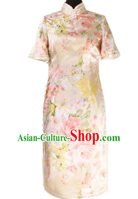 China Traditional Mandarin Sleeve Qipao Dress Classical Printing Flowers Silk Cheongsam China Traditional Mandarin Sleeve Qipao Dress Classical Printing Flowers Silk Cheongsam
