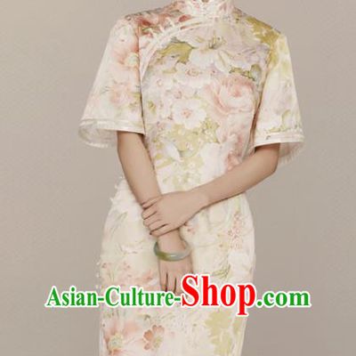 China Traditional Mandarin Sleeve Qipao Dress Classical Printing Flowers Silk Cheongsam