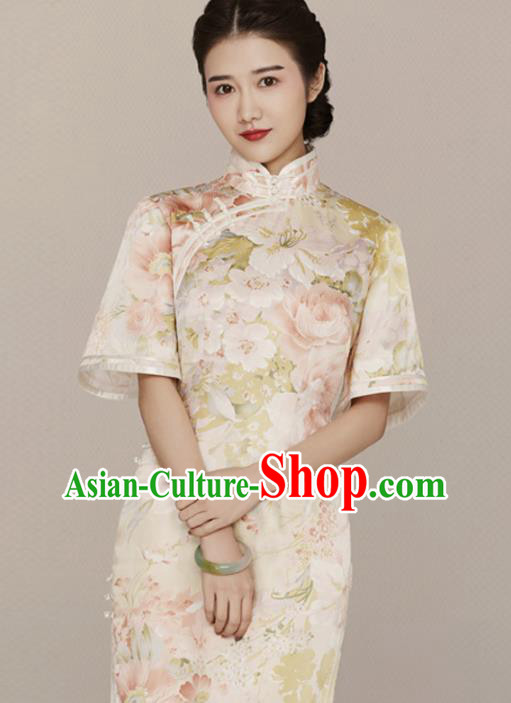 China Traditional Mandarin Sleeve Qipao Dress Classical Printing Flowers Silk Cheongsam China Traditional Mandarin Sleeve Qipao Dress Classical Printing Flowers Silk Cheongsam