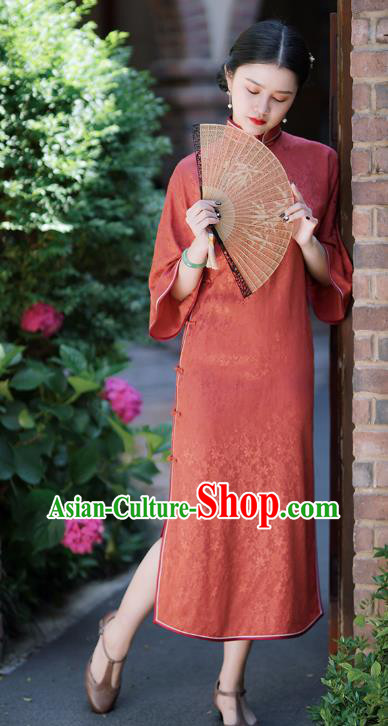 China Traditional Minguo Red Silk Qipao Dress Classical Mandarin Sleeve Cheongsam China Traditional Minguo Red Silk Qipao Dress Classical Mandarin Sleeve Cheongsam