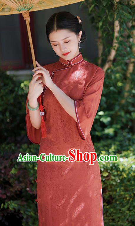 China Traditional Minguo Red Silk Qipao Dress Classical Mandarin Sleeve Cheongsam China Traditional Minguo Red Silk Qipao Dress Classical Mandarin Sleeve Cheongsam
