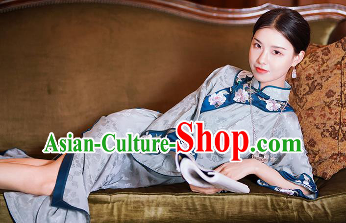 China Traditional Minguo Mandarin Sleeve Qipao Dress Classical Embroidered Blue Silk Cheongsam China Traditional Minguo Mandarin Sleeve Qipao Dress Classical Embroidered Blue Silk Cheongsam