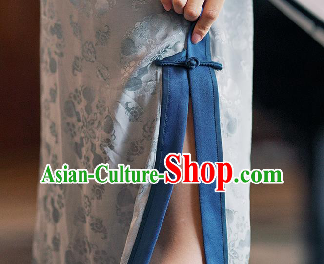 China Traditional Minguo Mandarin Sleeve Qipao Dress Classical Embroidered Blue Silk Cheongsam China Traditional Minguo Mandarin Sleeve Qipao Dress Classical Embroidered Blue Silk Cheongsam