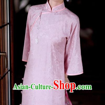 Republic of China Classical Stand Collar Qipao Dress Traditional Minguo Young Lady Pink Cheongsam