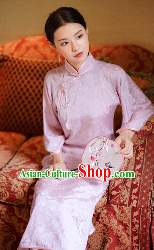 Republic of China Classical Stand Collar Qipao Dress Traditional Minguo Young Lady Pink Cheongsam Republic of China Classical Stand Collar Qipao Dress Traditional Minguo Young Lady Pink Cheongsam