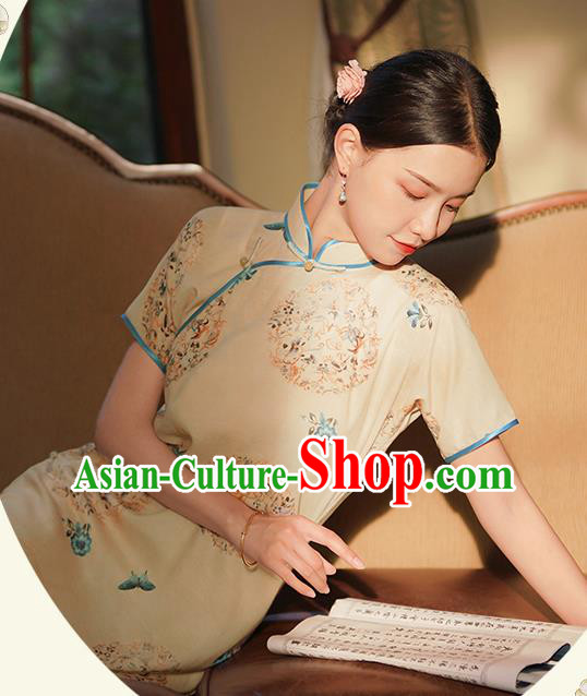 Republic of China Classical Printing Butterfly Qipao Dress Traditional Minguo Shanghai Woman Apricot Cheongsam Republic of China Classical Printing Butterfly Qipao Dress Traditional Minguo Shanghai Woman Apricot Cheongsam