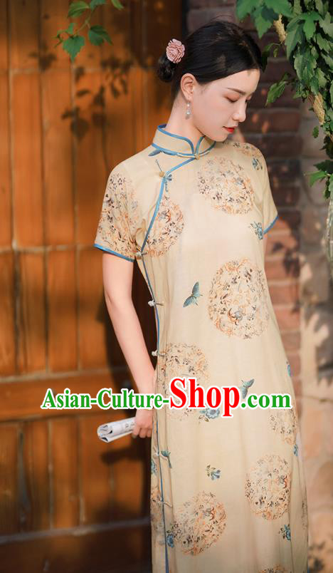 Republic of China Classical Printing Butterfly Qipao Dress Traditional Minguo Shanghai Woman Apricot Cheongsam Republic of China Classical Printing Butterfly Qipao Dress Traditional Minguo Shanghai Woman Apricot Cheongsam