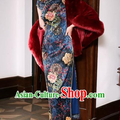 China Classical Printing Peony Navy Silk Cheongsam Traditional Minguo Shanghai Stand Collar Qipao Dress