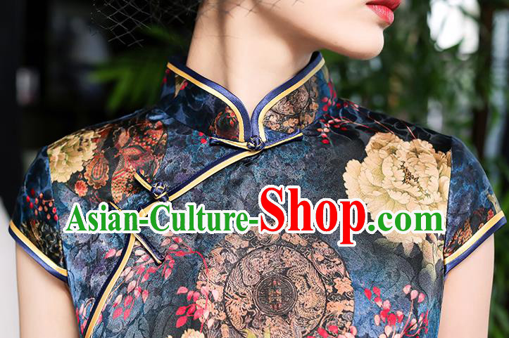 China Classical Printing Peony Navy Silk Cheongsam Traditional Minguo Shanghai Stand Collar Qipao Dress China Classical Printing Peony Navy Silk Cheongsam Traditional Minguo Shanghai Stand Collar Qipao Dress