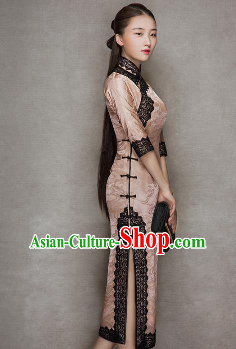 China Traditional Lace Stand Collar Qipao Dress Classical Cloud Pattern Pink Silk Cheongsam China Traditional Lace Stand Collar Qipao Dress Classical Cloud Pattern Pink Silk Cheongsam