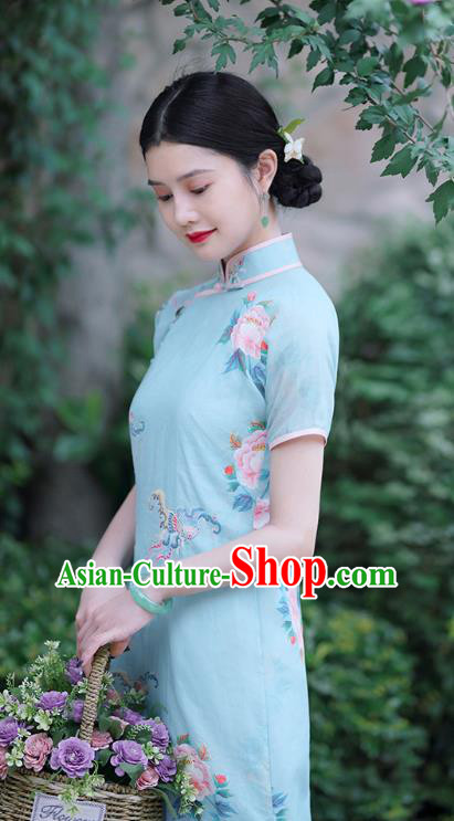 Republic of China Classical Shanghai Printing Qipao Dress Traditional Minguo Lady Blue Ramine Cheongsam Republic of China Classical Shanghai Printing Qipao Dress Traditional Minguo Lady Blue Ramine Cheongsam