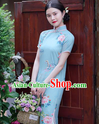 Republic of China Classical Shanghai Printing Qipao Dress Traditional Minguo Lady Blue Ramine Cheongsam Republic of China Classical Shanghai Printing Qipao Dress Traditional Minguo Lady Blue Ramine Cheongsam