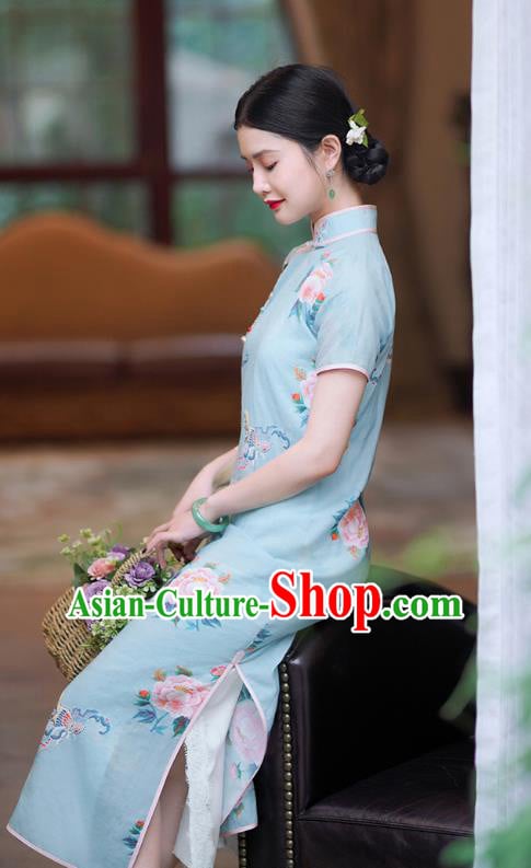 Republic of China Classical Shanghai Printing Qipao Dress Traditional Minguo Lady Blue Ramine Cheongsam Republic of China Classical Shanghai Printing Qipao Dress Traditional Minguo Lady Blue Ramine Cheongsam