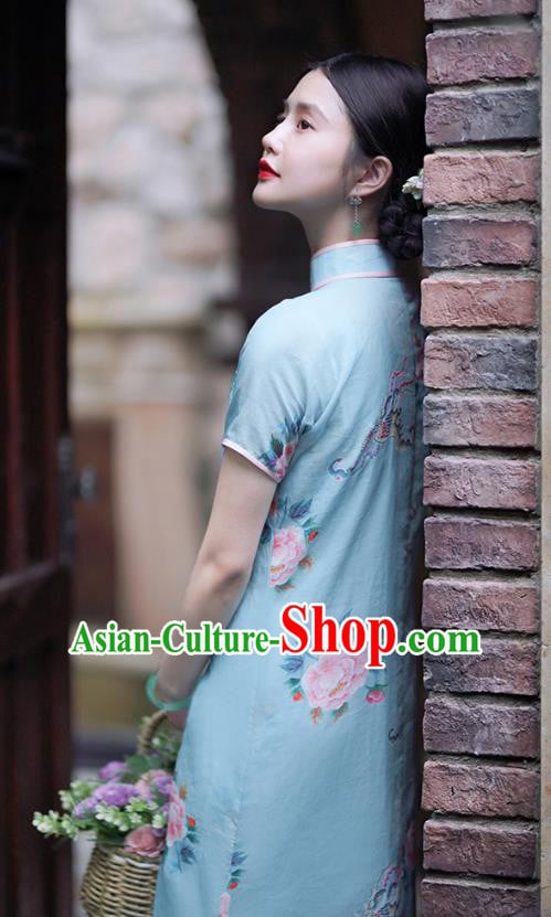 Republic of China Classical Shanghai Printing Qipao Dress Traditional Minguo Lady Blue Ramine Cheongsam Republic of China Classical Shanghai Printing Qipao Dress Traditional Minguo Lady Blue Ramine Cheongsam